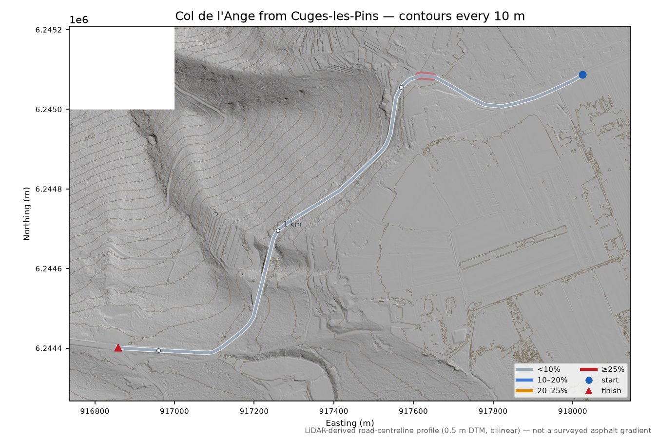 Col de l'Ange from Cuges-les-Pins LiDAR hillshade map with contours