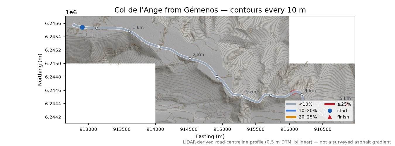 Col de l'Ange from Gémenos LiDAR hillshade map with contours