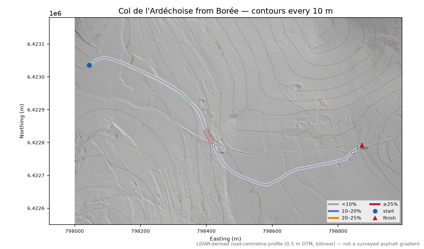 Col de l'Ardéchoise from Borée LiDAR hillshade map with contours
