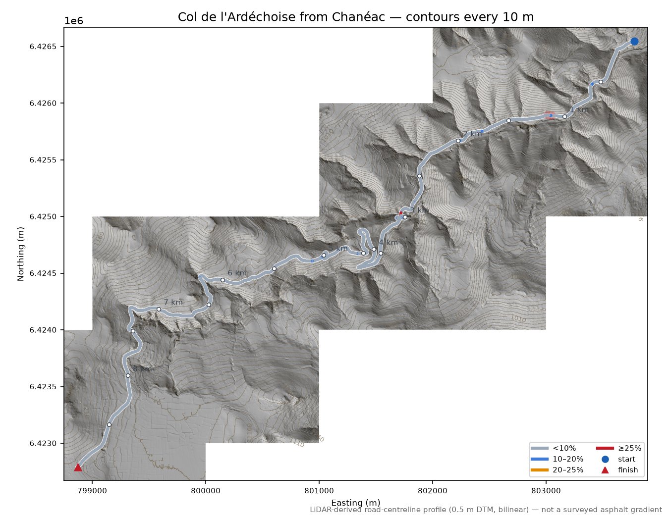 Col de l'Ardéchoise from Chanéac LiDAR hillshade map with contours