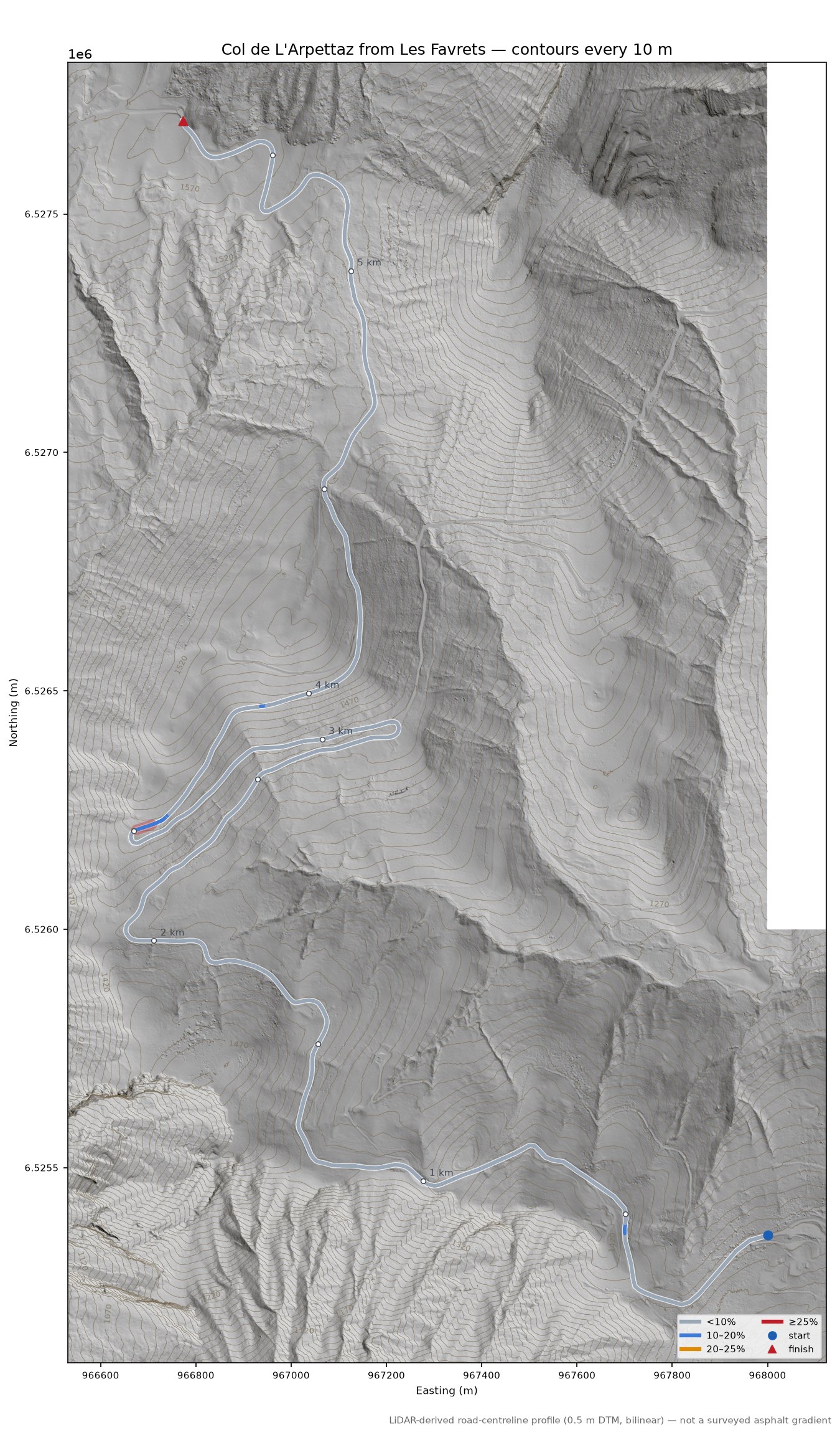 Col de L'Arpettaz from Les Favrets LiDAR hillshade map with contours