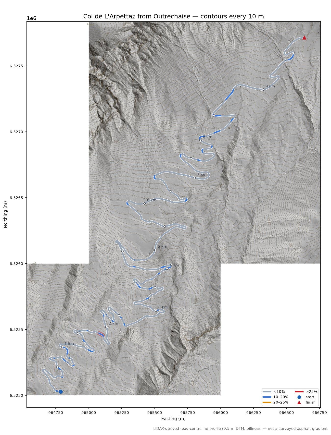 Col de L'Arpettaz from Outrechaise LiDAR hillshade map with contours