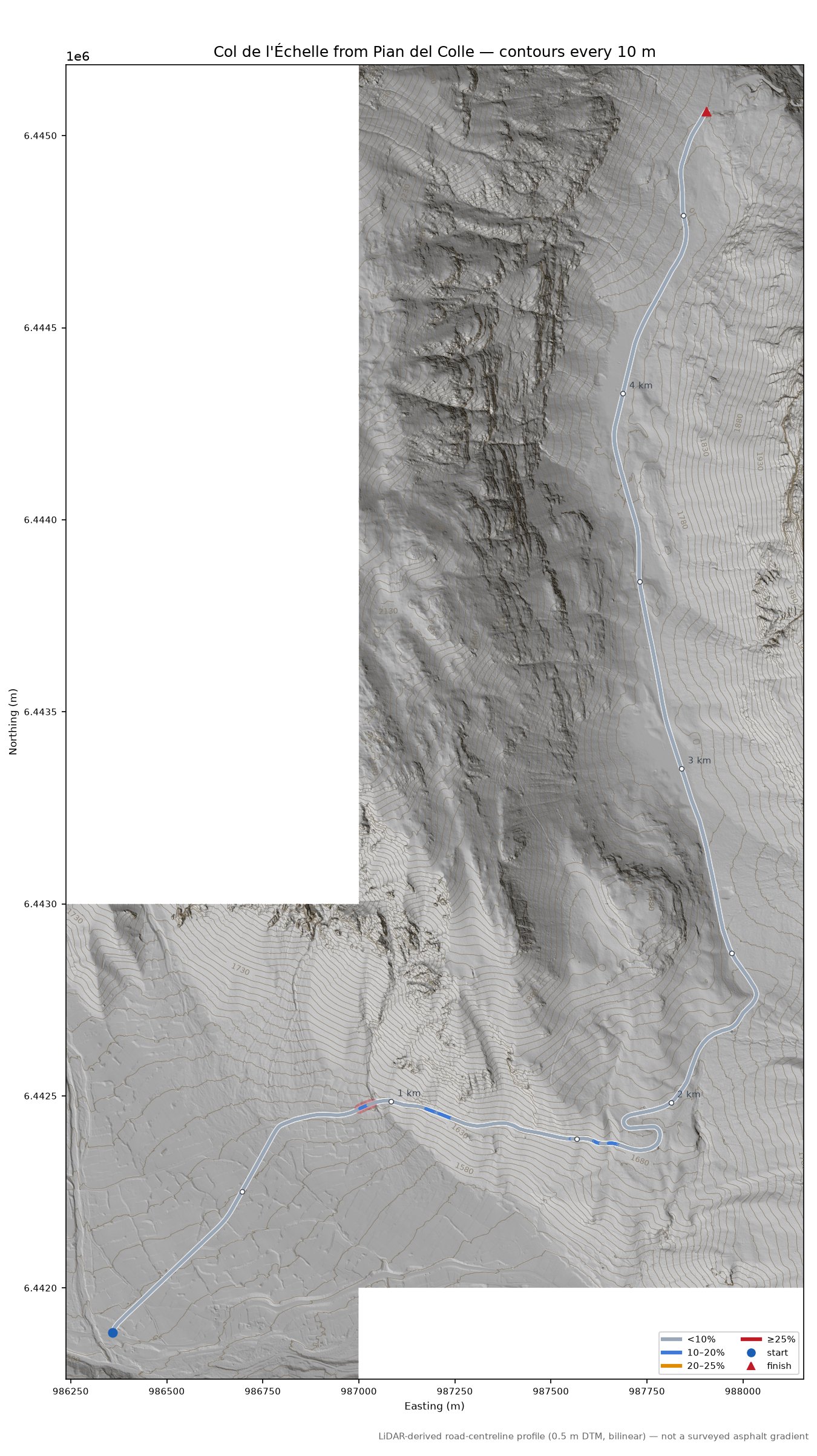 Col de l'Échelle from Pian del Colle LiDAR hillshade map with contours
