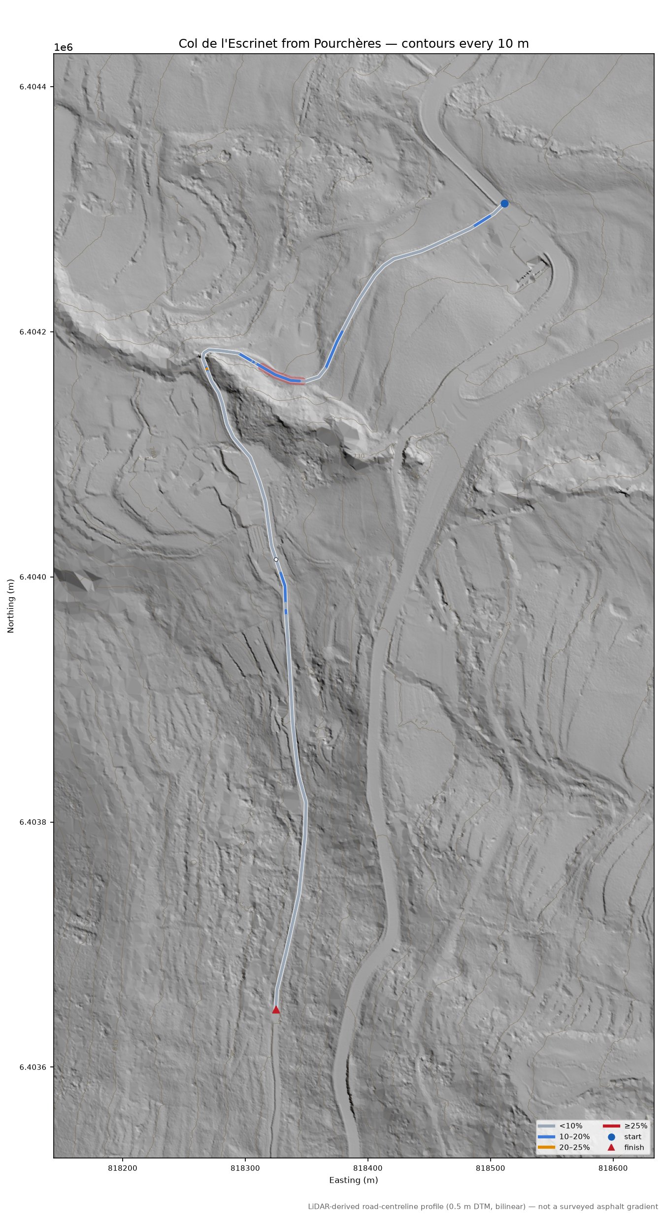 Col de l'Escrinet from Pourchères LiDAR hillshade map with contours