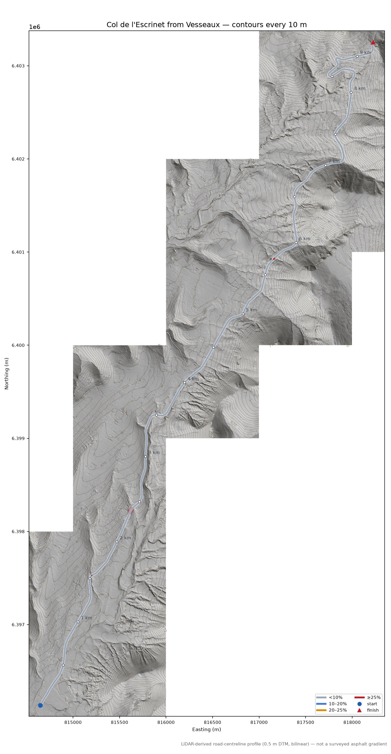 Col de l'Escrinet from Vesseaux LiDAR hillshade map with contours