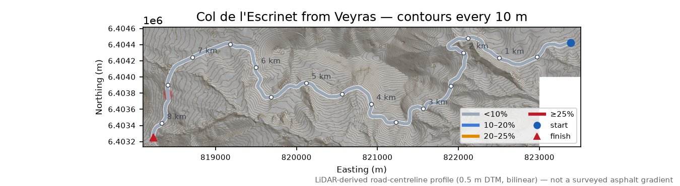 Col de l'Escrinet from Veyras LiDAR hillshade map with contours