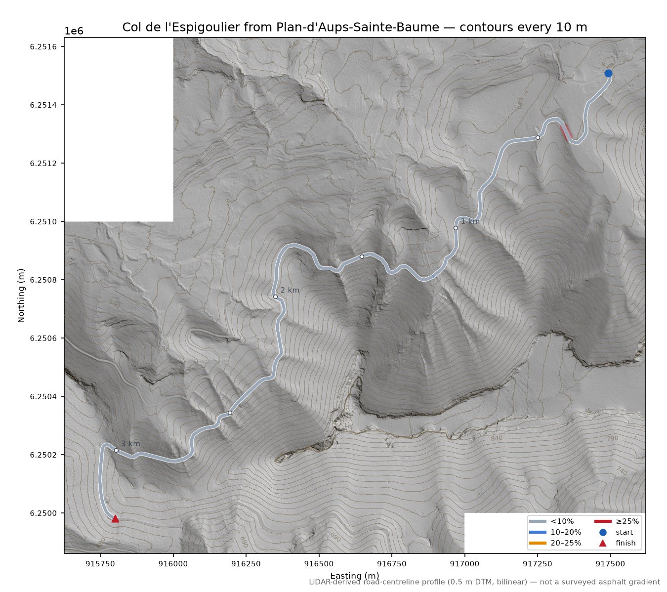 Col de l'Espigoulier from Plan-d'Aups-Sainte-Baume LiDAR hillshade map with contours