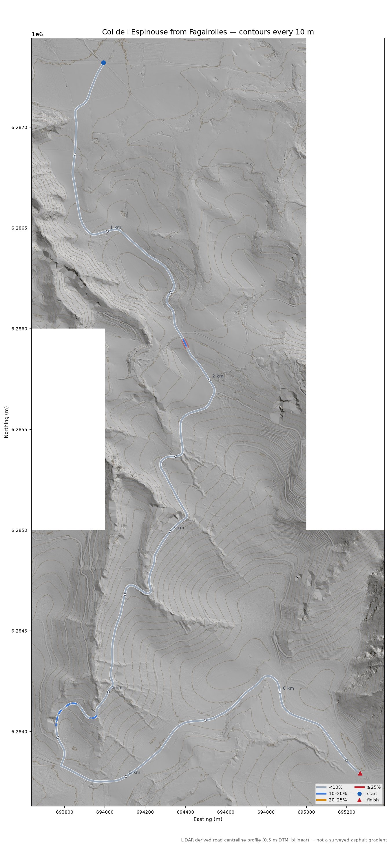 Col de l'Espinouse from Fagairolles LiDAR hillshade map with contours