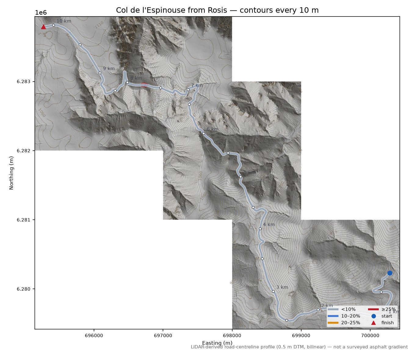 Col de l'Espinouse from Rosis LiDAR hillshade map with contours