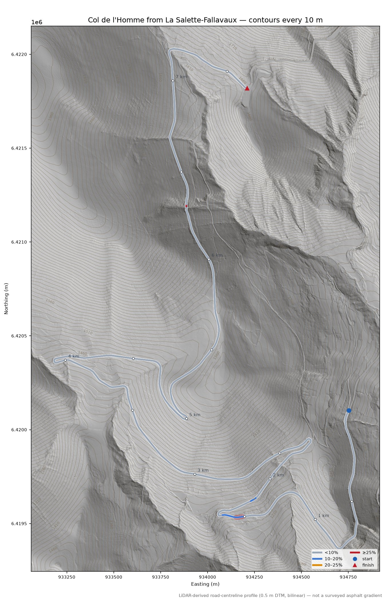 Col de l'Homme from La Salette-Fallavaux LiDAR hillshade map with contours