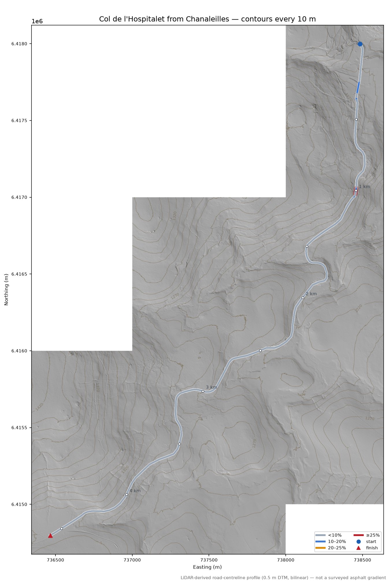 Col de l'Hospitalet from Chanaleilles LiDAR hillshade map with contours