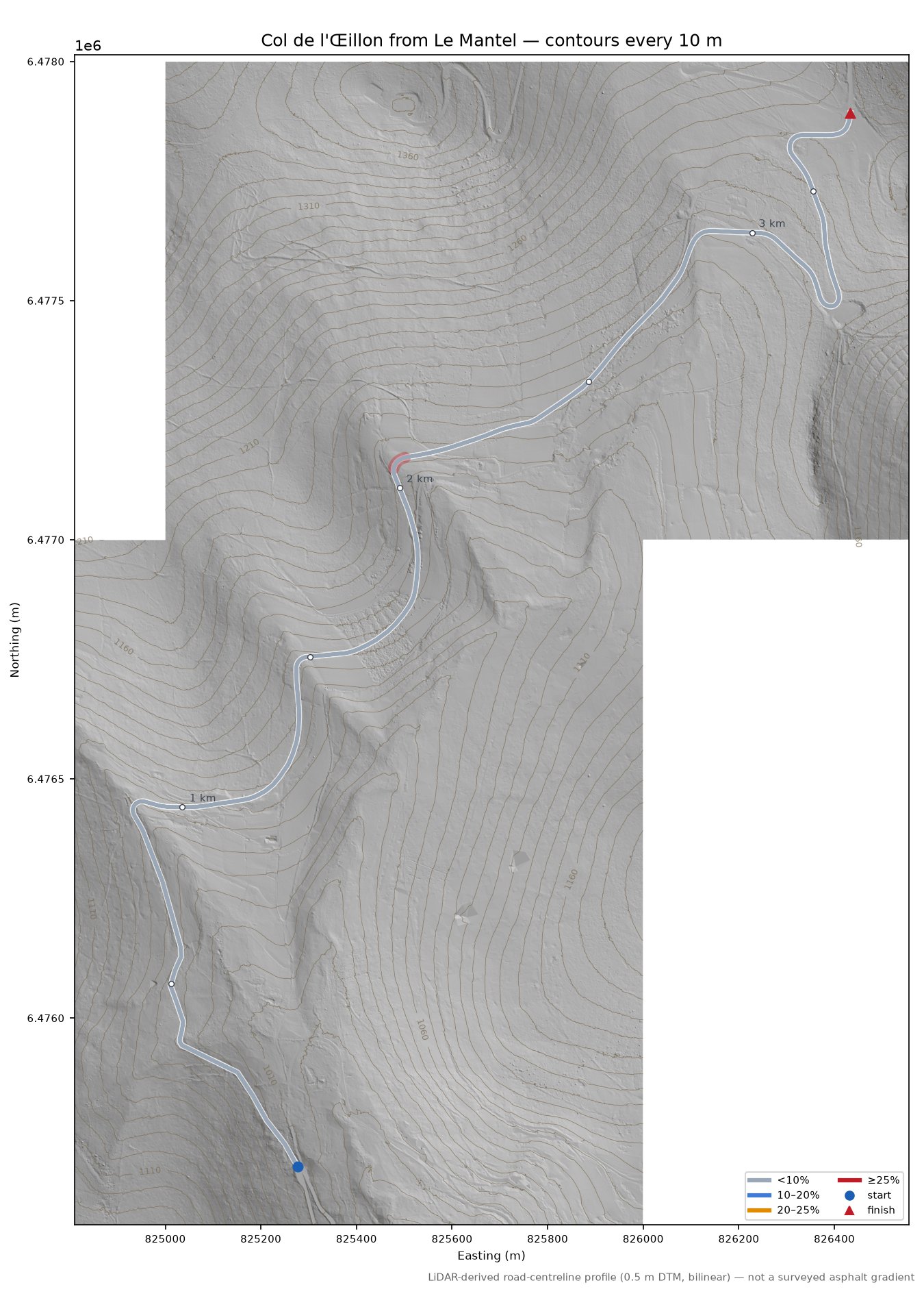 Col de l'Œillon from Le Mantel LiDAR hillshade map with contours