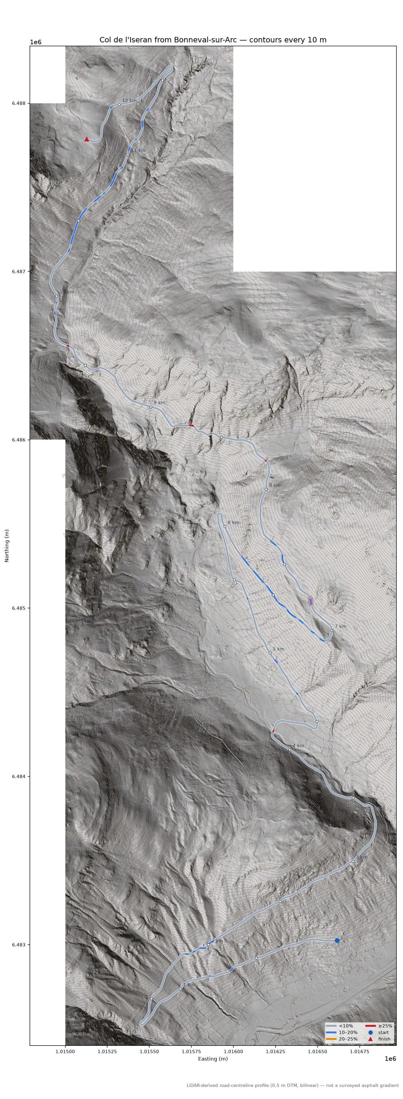 Col de l'Iseran from Bonneval-sur-Arc LiDAR hillshade map with contours