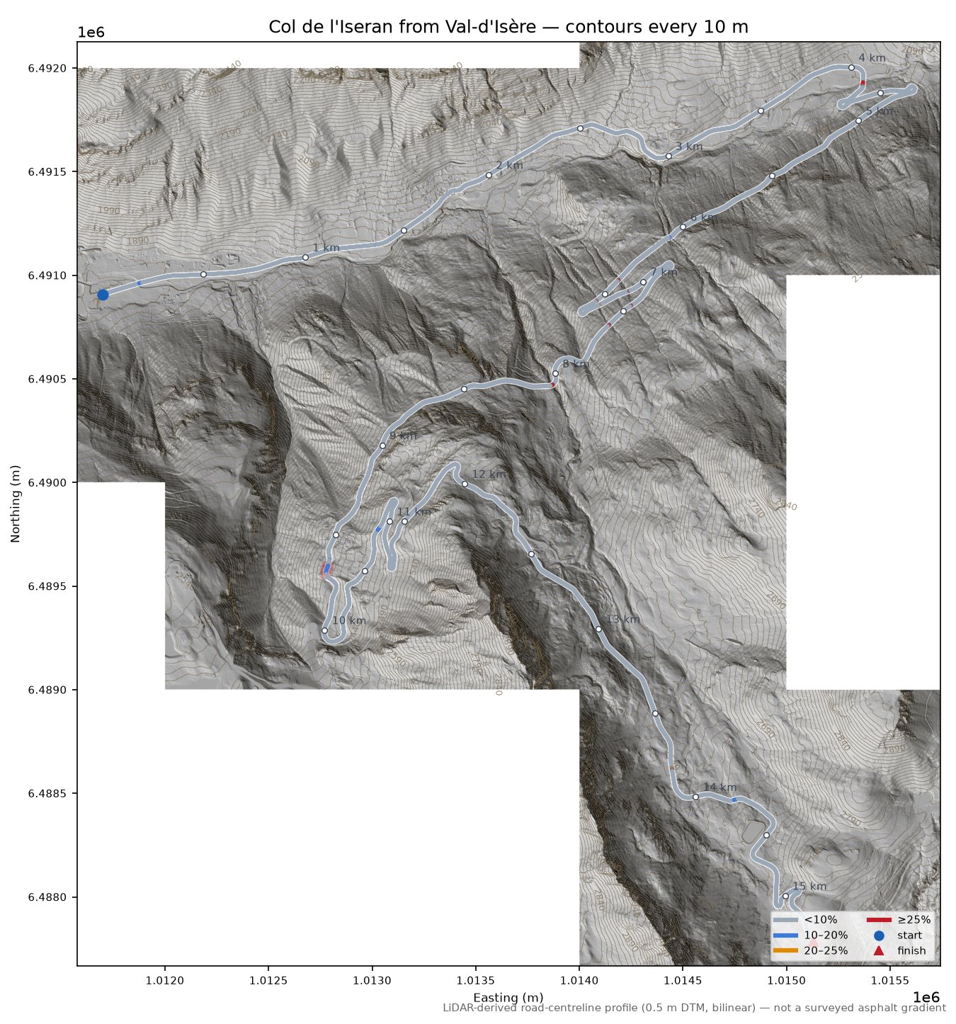 Col de l'Iseran from Val-d'Isère LiDAR hillshade map with contours