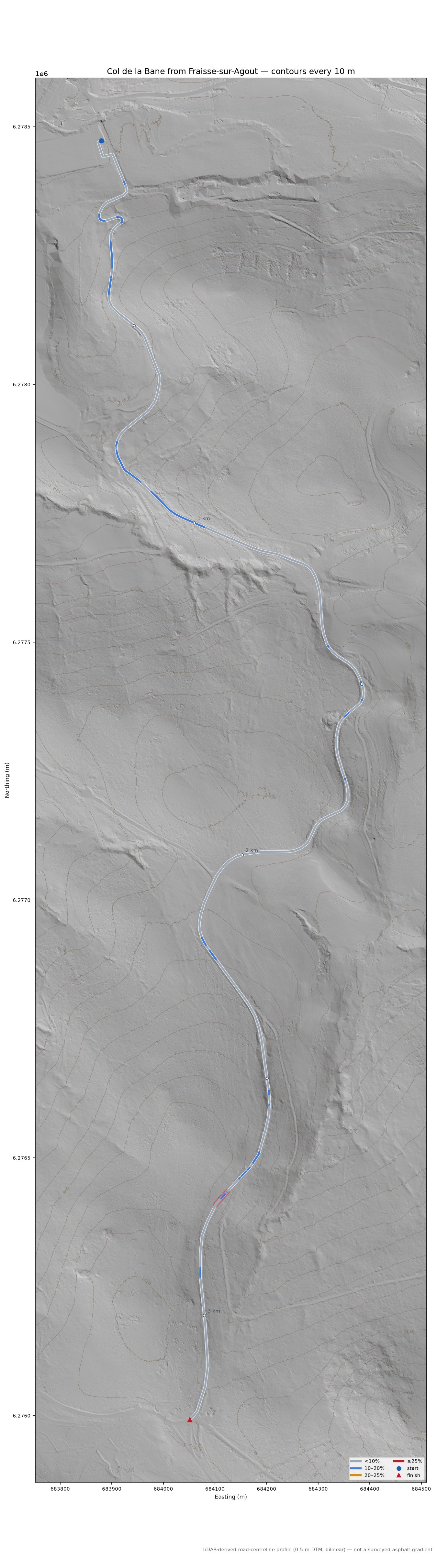 Col de la Bane from Fraisse-sur-Agout LiDAR hillshade map with contours