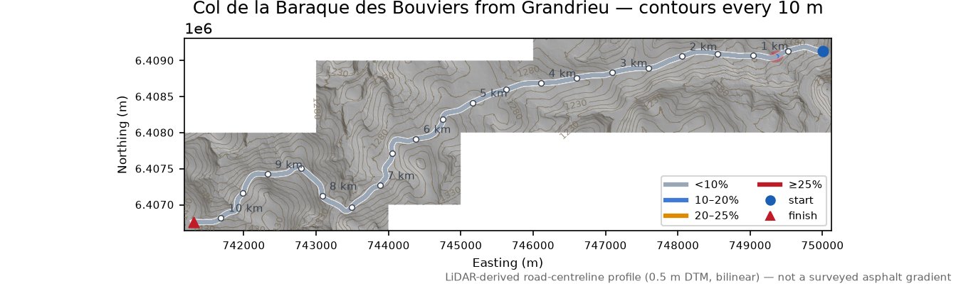 Col de la Baraque des Bouviers from Grandrieu LiDAR hillshade map with contours
