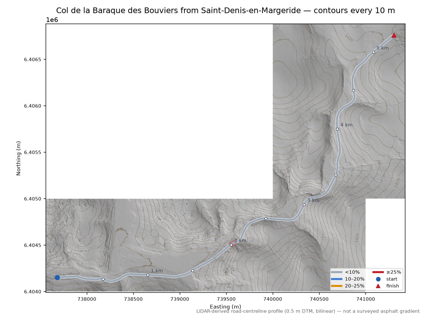Col de la Baraque des Bouviers from Saint-Denis-en-Margeride LiDAR hillshade map with contours