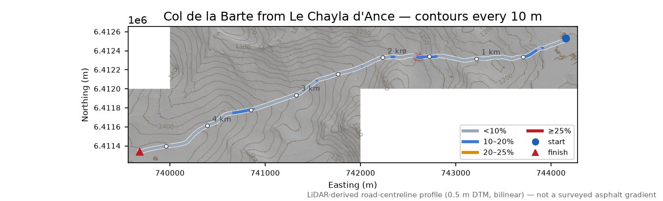Col de la Barte from Le Chayla d'Ance LiDAR hillshade map with contours