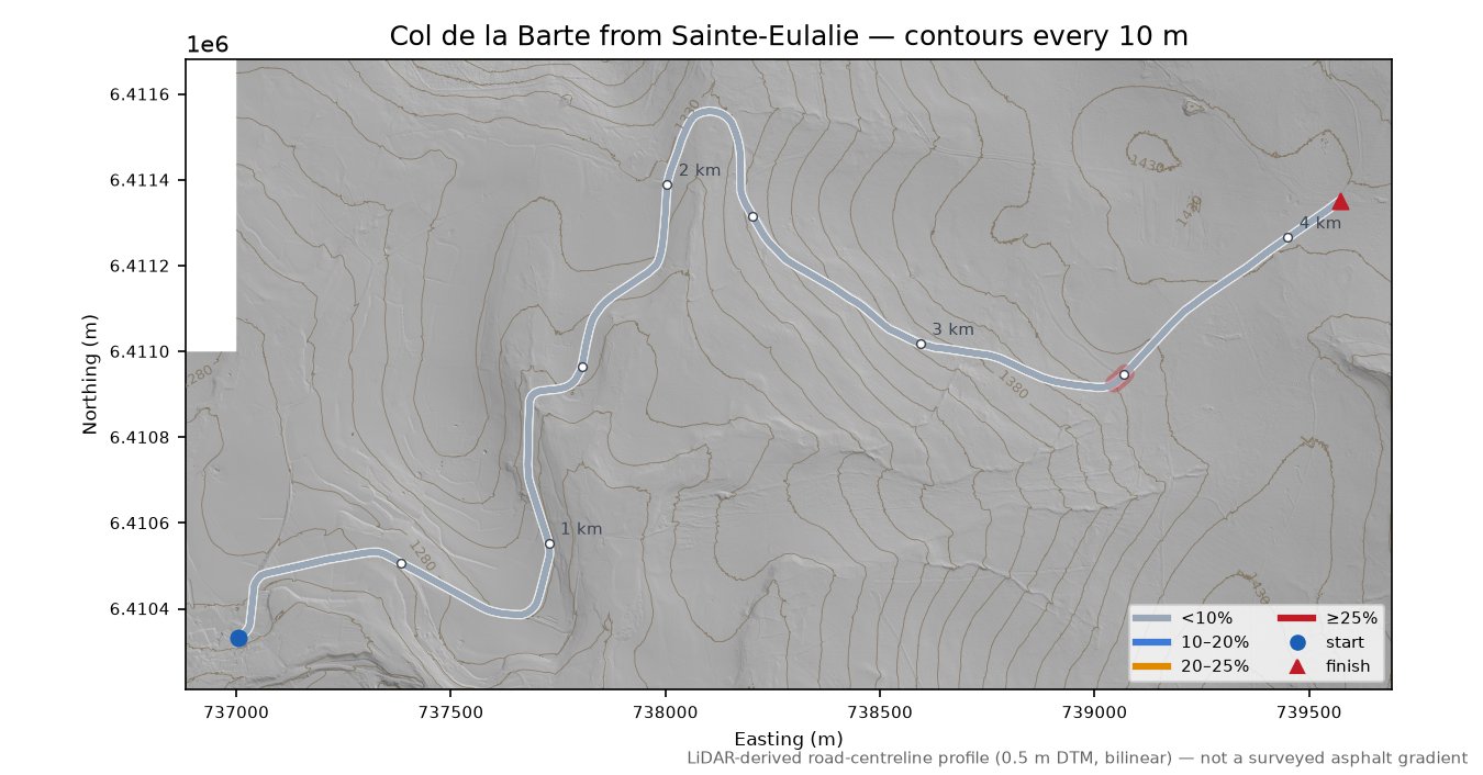 Col de la Barte from Sainte-Eulalie LiDAR hillshade map with contours