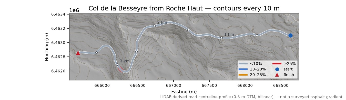 Col de la Besseyre from Roche Haut LiDAR hillshade map with contours