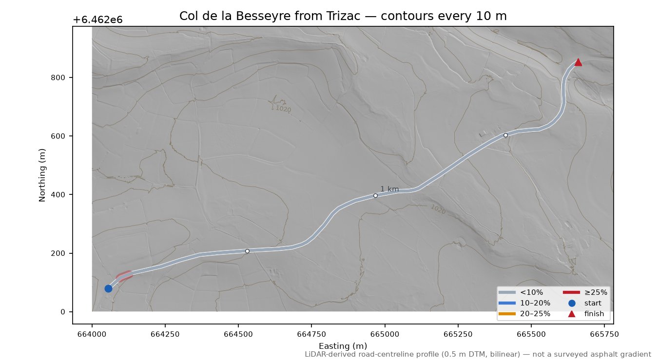 Col de la Besseyre from Trizac LiDAR hillshade map with contours