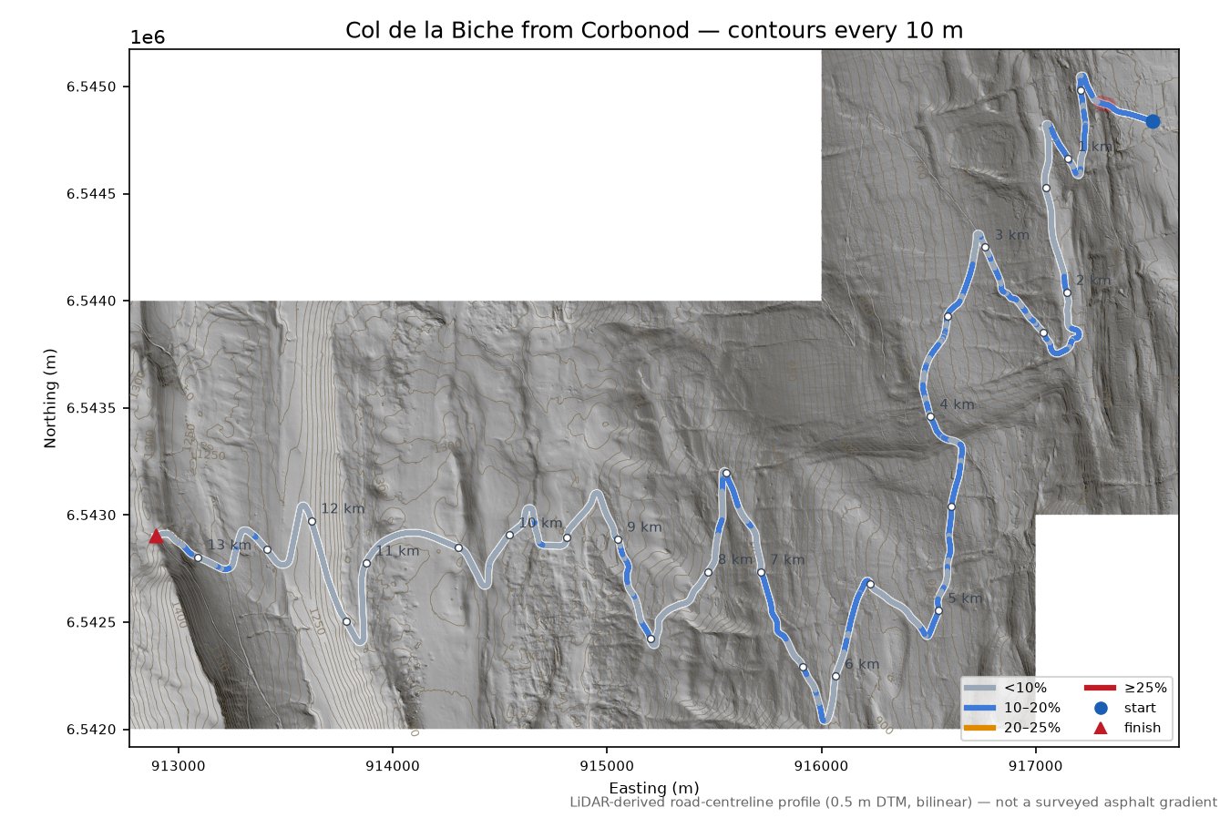 Col de la Biche from Corbonod LiDAR hillshade map with contours