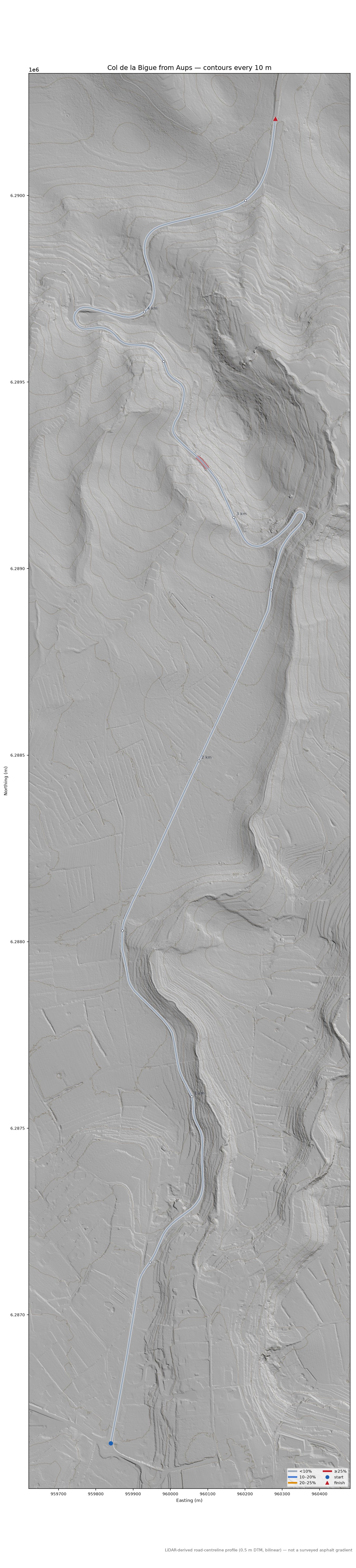 Col de la Bigue from Aups LiDAR hillshade map with contours