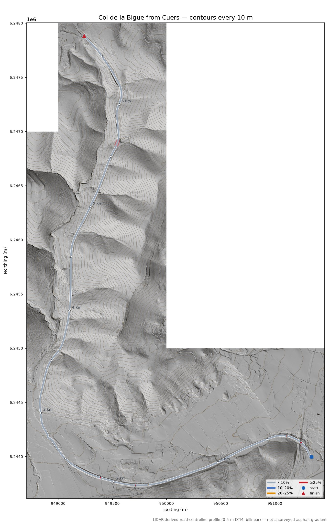 Col de la Bigue from Cuers LiDAR hillshade map with contours