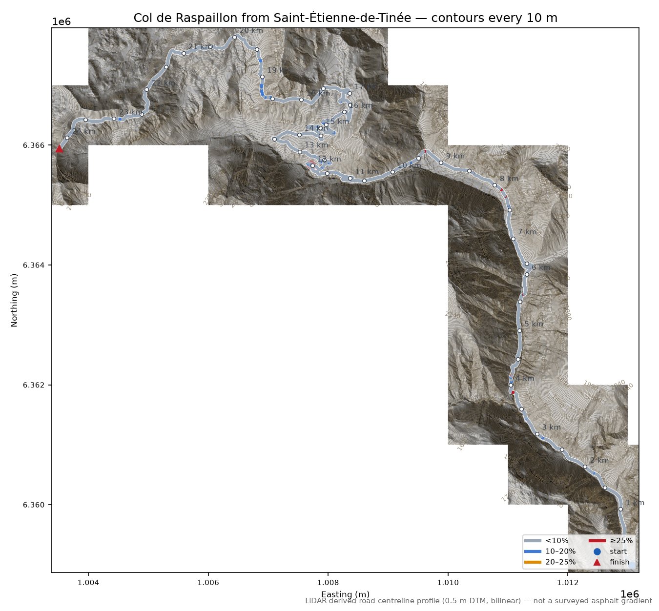 Col de la Bonette from Saint-Étienne-de-Tinée LiDAR hillshade map with contours