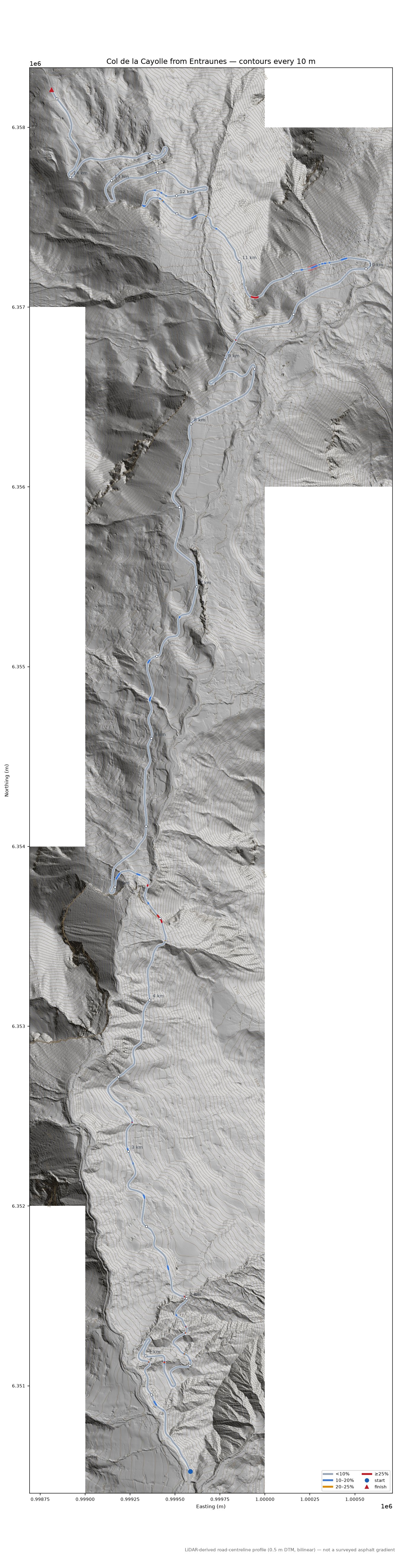 Col de la Cayolle from Entraunes LiDAR hillshade map with contours