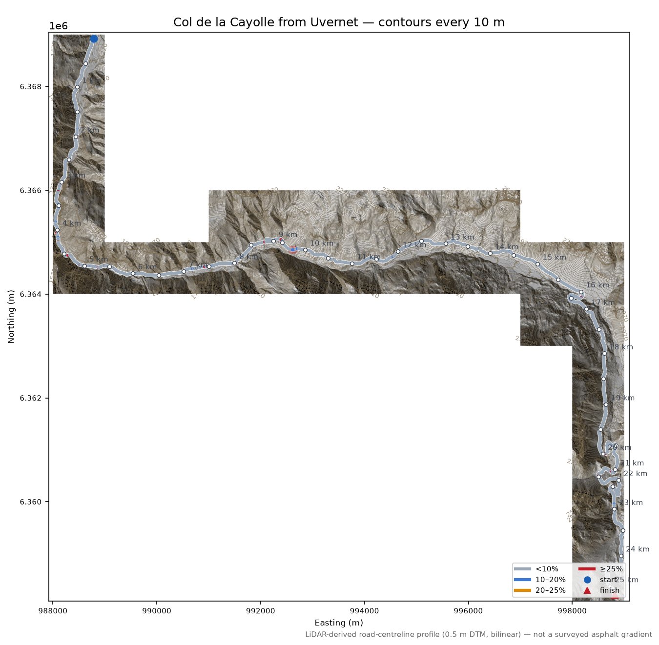 Col de la Cayolle from Uvernet LiDAR hillshade map with contours