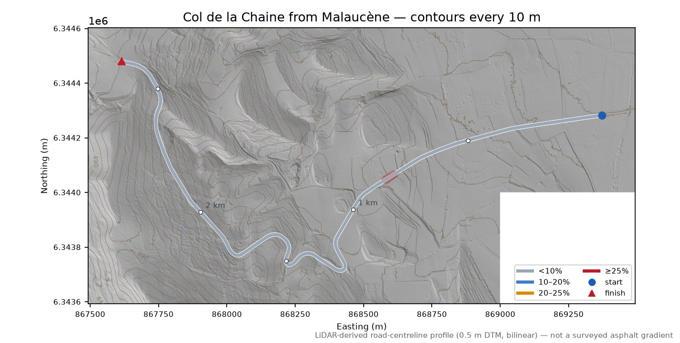 Col de la Chaine from Malaucène LiDAR hillshade map with contours