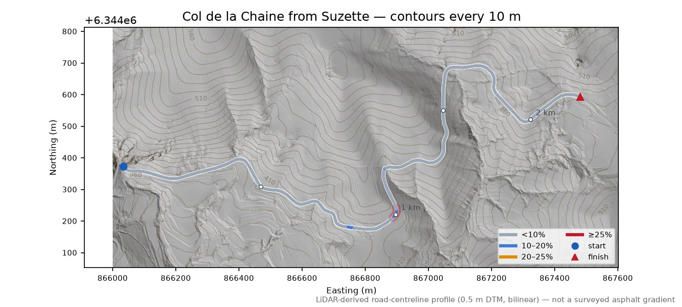 Col de la Chaine from Suzette LiDAR hillshade map with contours