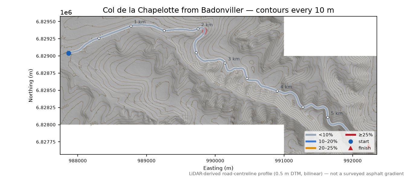 Col de la Chapelotte from Badonviller LiDAR hillshade map with contours