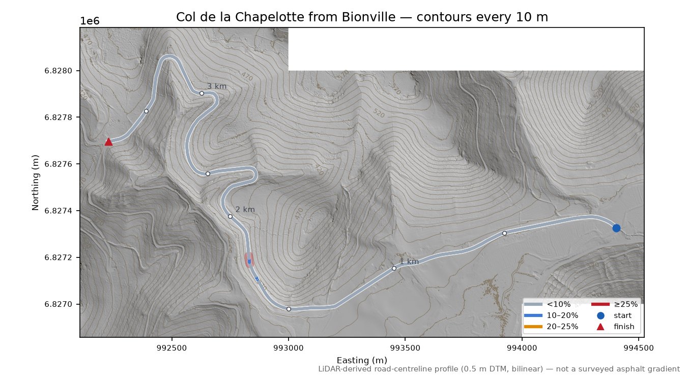 Col de la Chapelotte from Bionville LiDAR hillshade map with contours