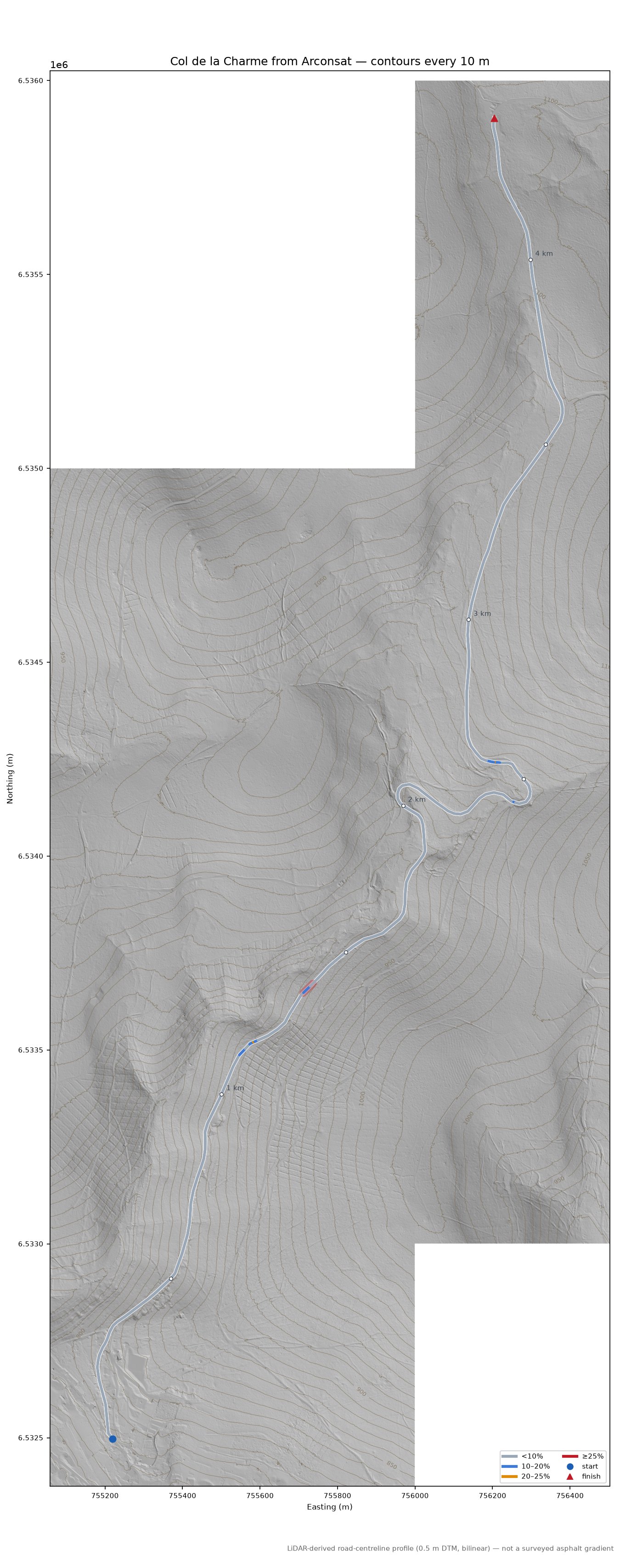 Col de la Charme from Arconsat LiDAR hillshade map with contours