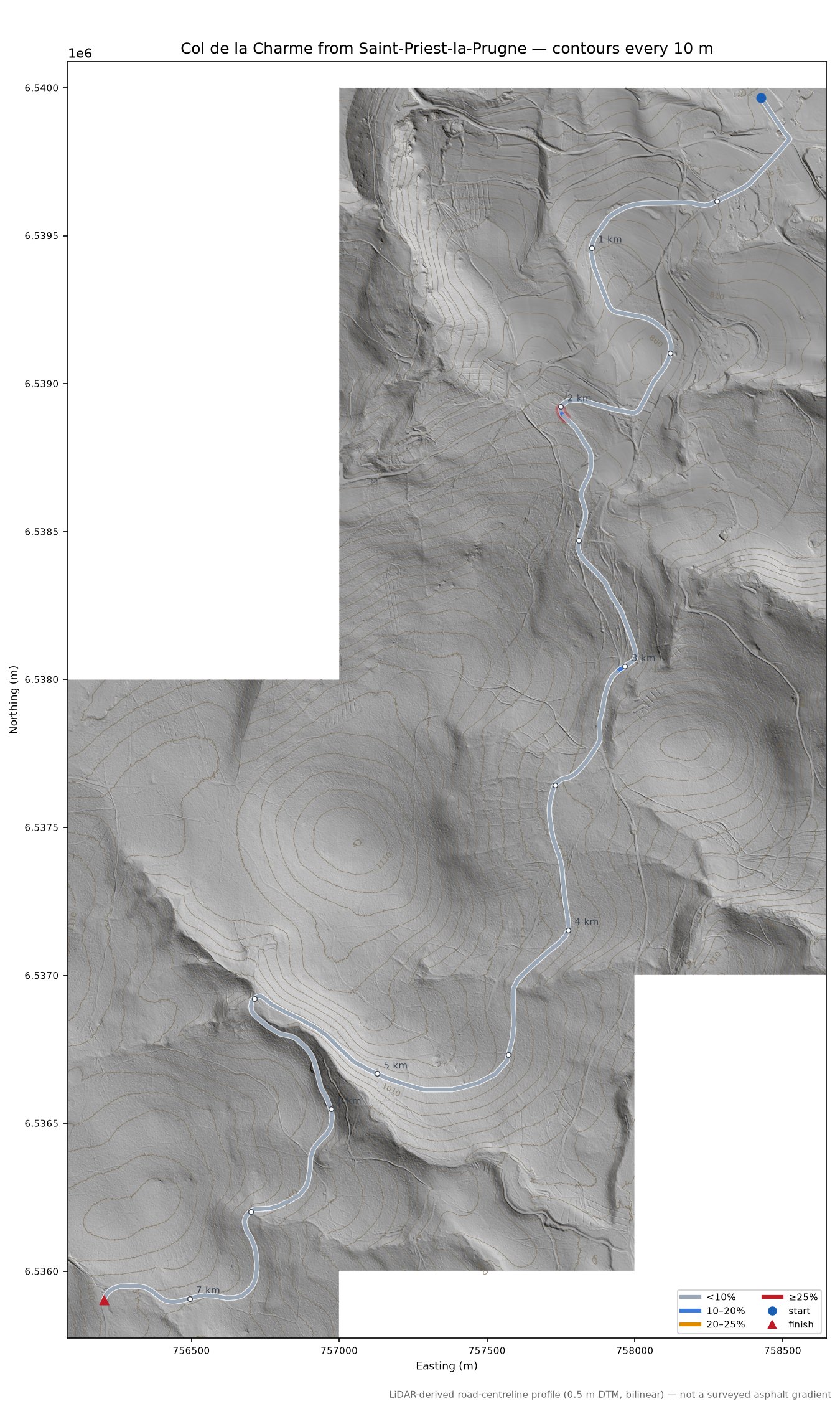 Col de la Charme from Saint-Priest-la-Prugne LiDAR hillshade map with contours