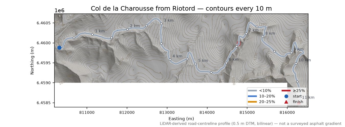 Col de la Charousse from Riotord LiDAR hillshade map with contours