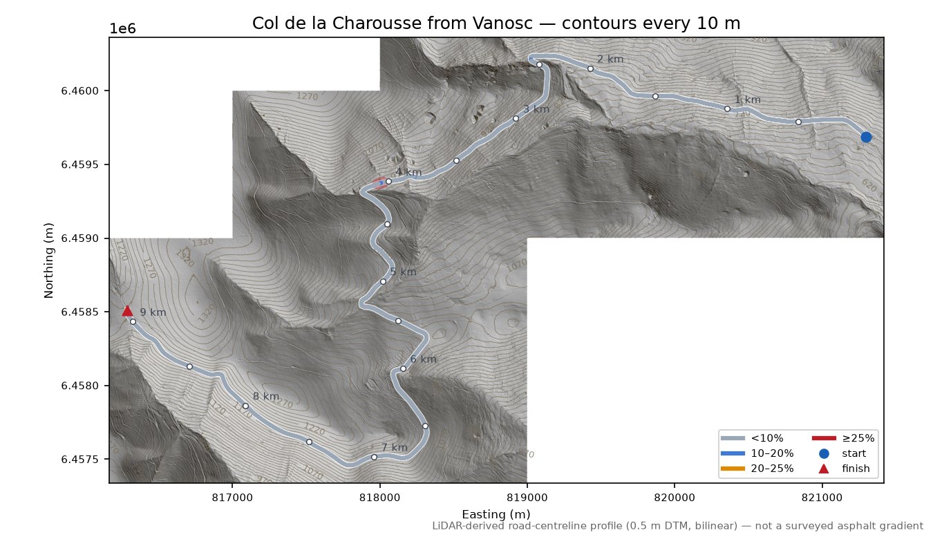 Col de la Charousse from Vanosc LiDAR hillshade map with contours