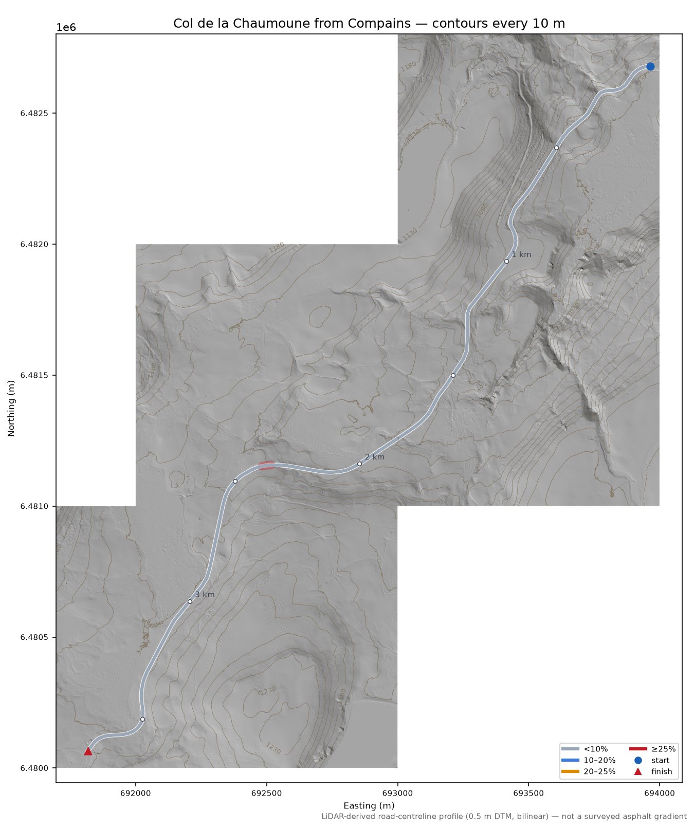 Col de la Chaumoune from Compains LiDAR hillshade map with contours