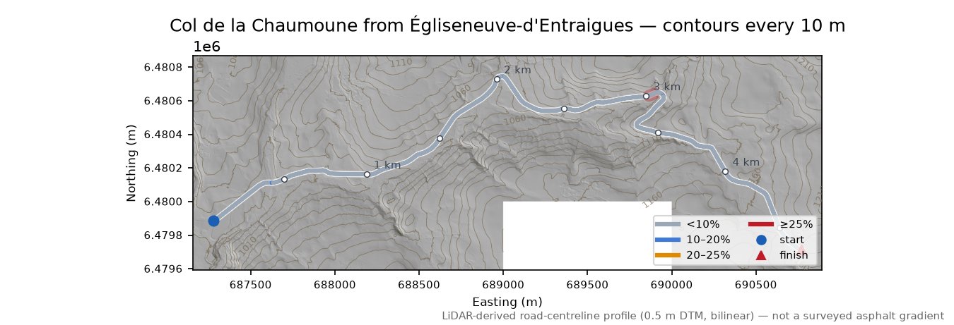 Col de la Chaumoune from Égliseneuve-d'Entraigues LiDAR hillshade map with contours
