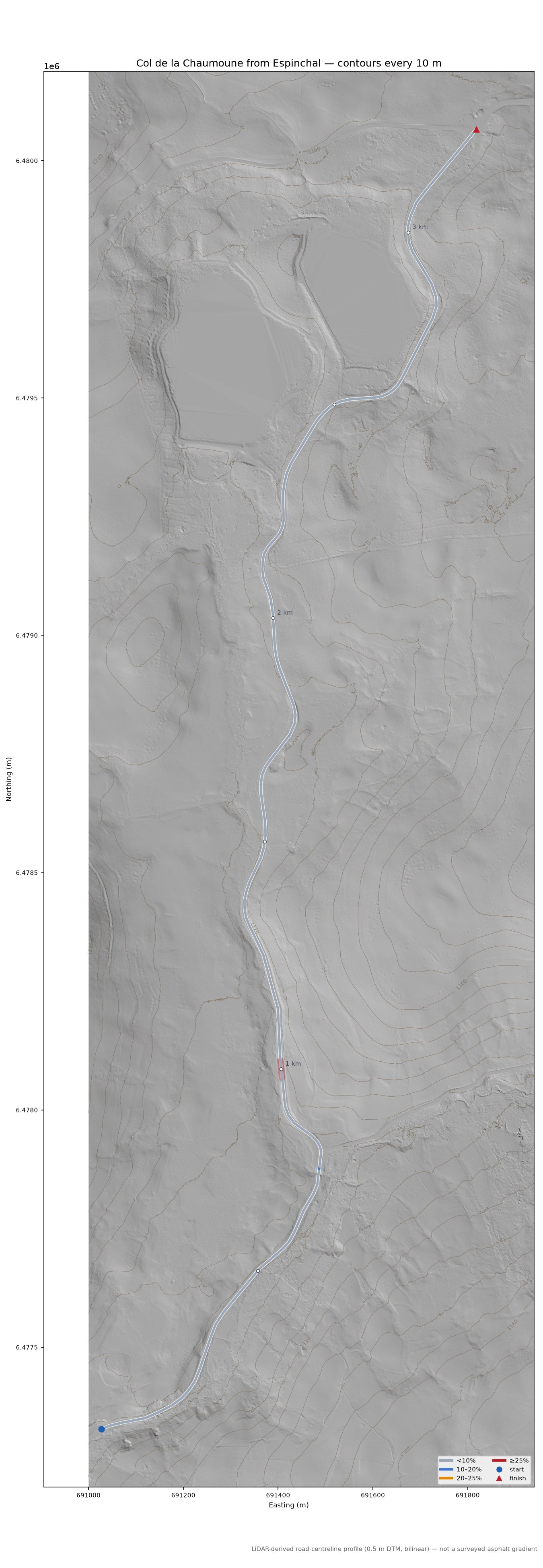 Col de la Chaumoune from Espinchal LiDAR hillshade map with contours