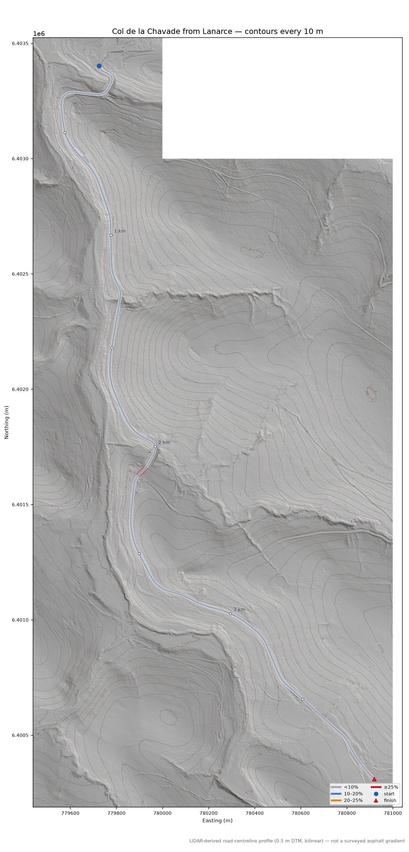 Col de la Chavade from Lanarce LiDAR hillshade map with contours