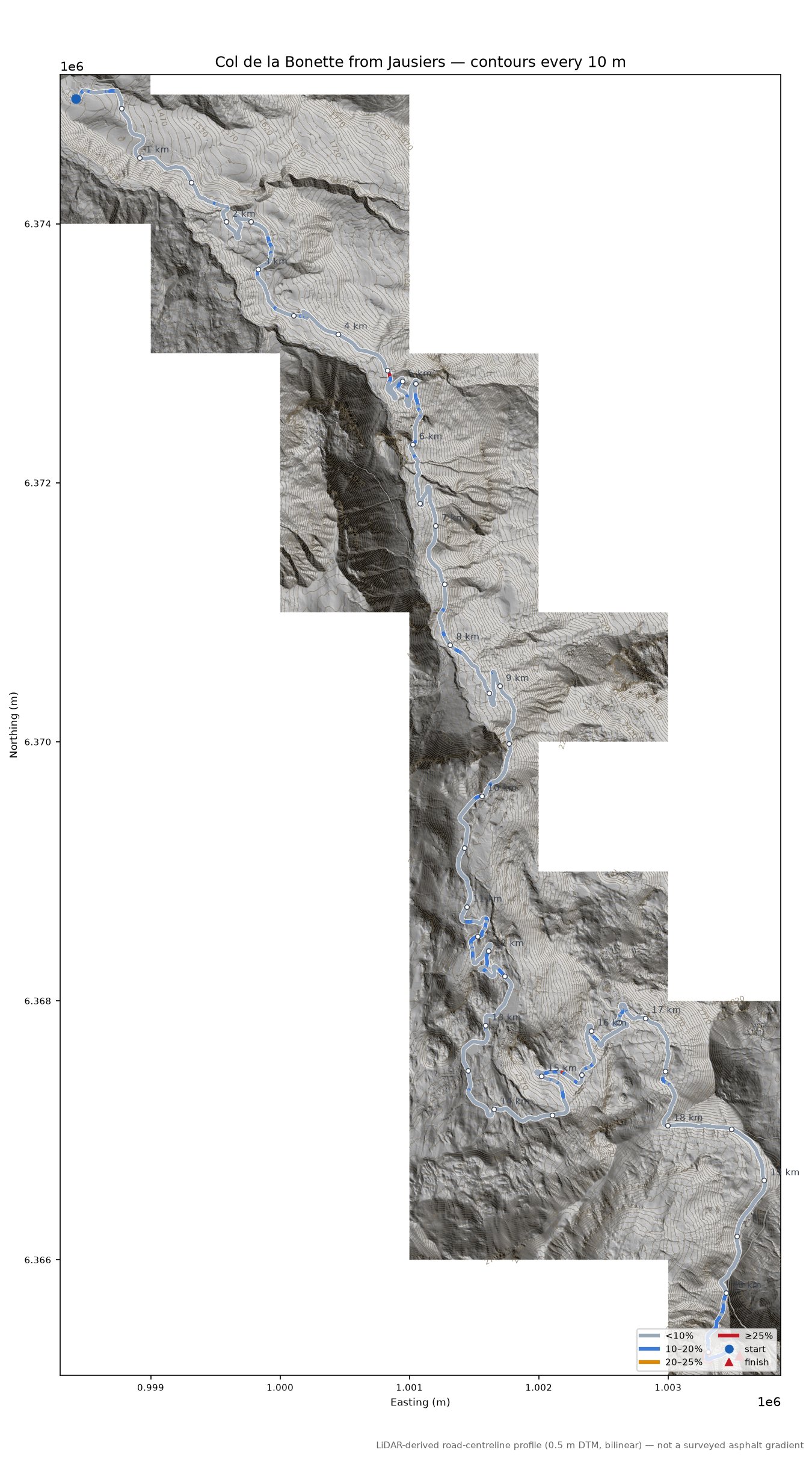 Col de la Cime de la Bonette from Jausiers LiDAR hillshade map with contours