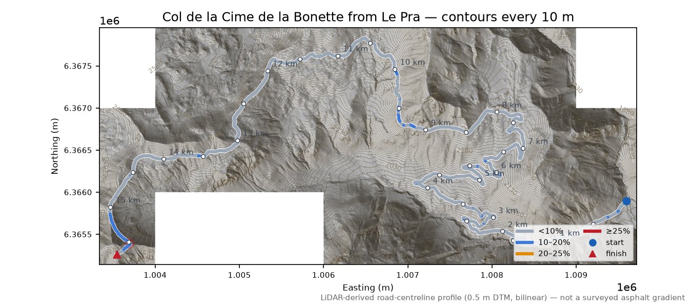 Col de la Cime de la Bonette from Le Pra LiDAR hillshade map with contours