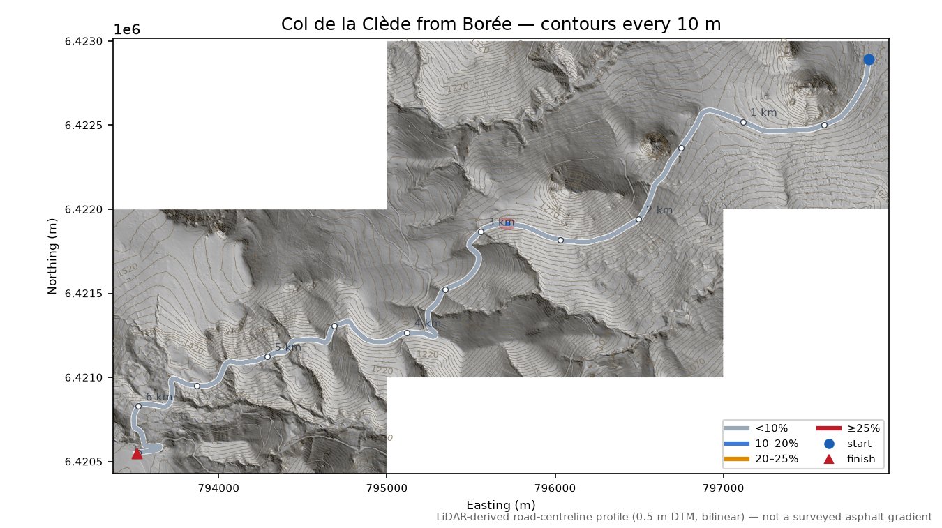 Col de la Clède from Borée LiDAR hillshade map with contours