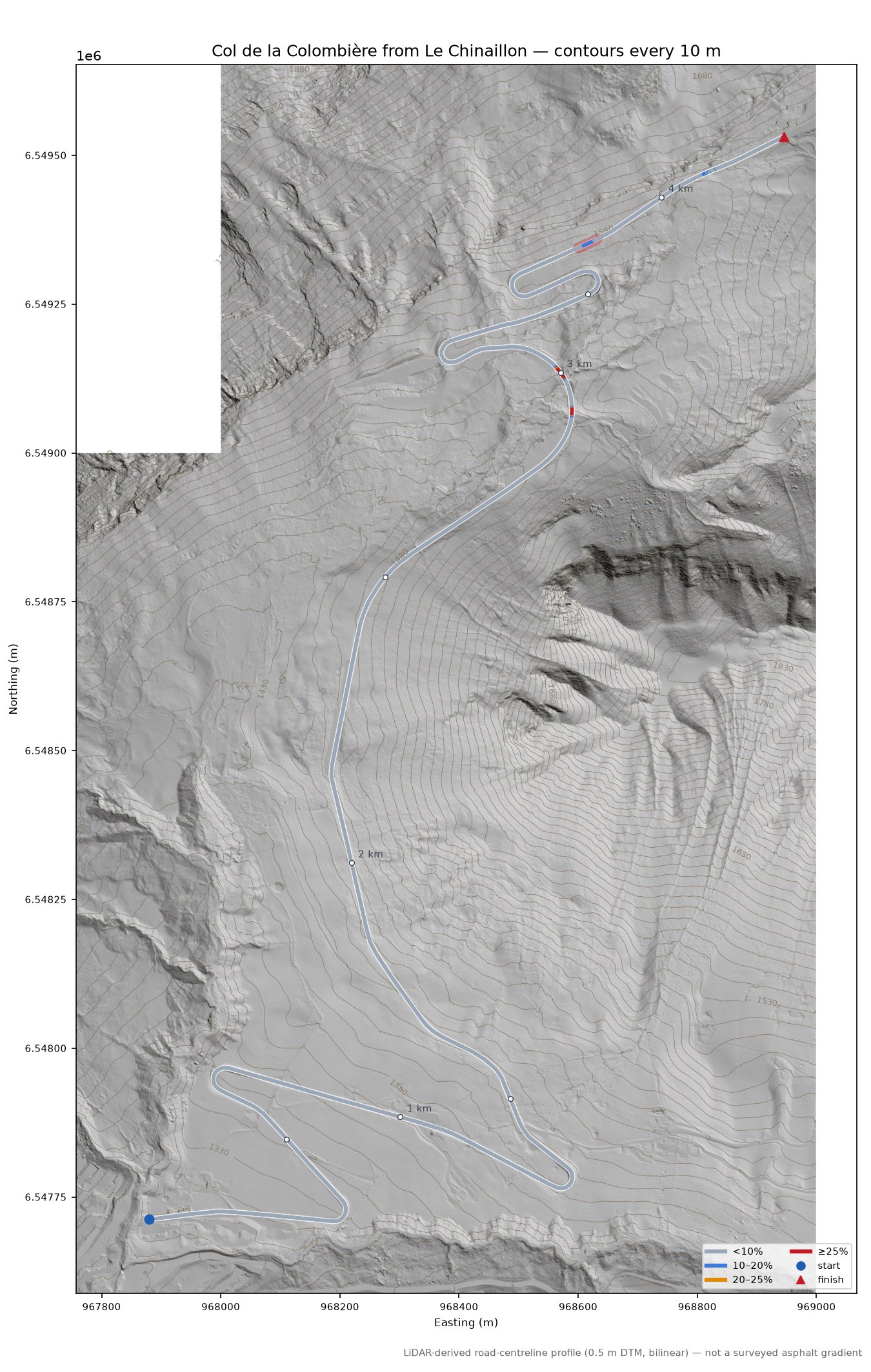 Col de la Colombière from Le Chinaillon LiDAR hillshade map with contours