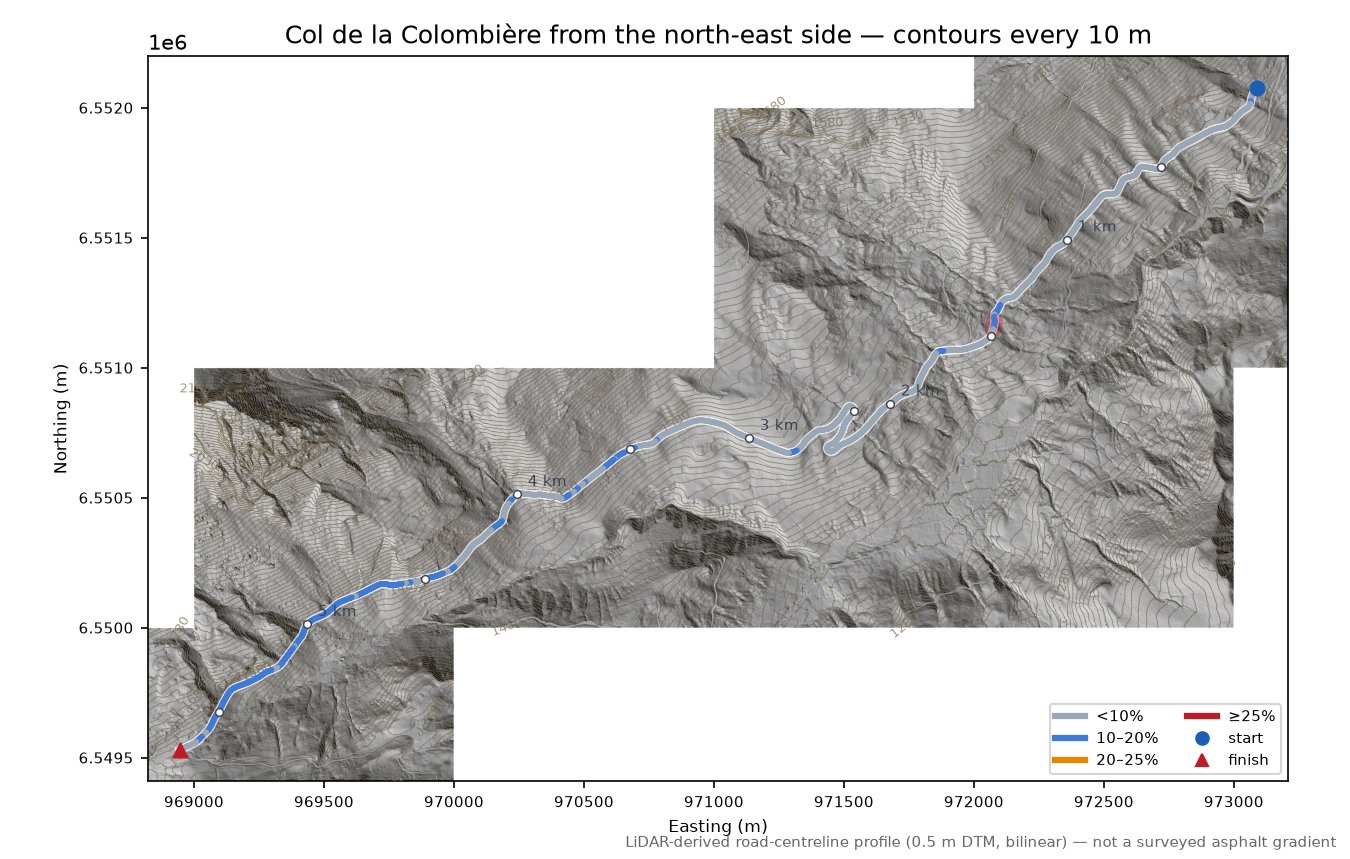 Col de la Colombière from the north-east side LiDAR hillshade map with contours