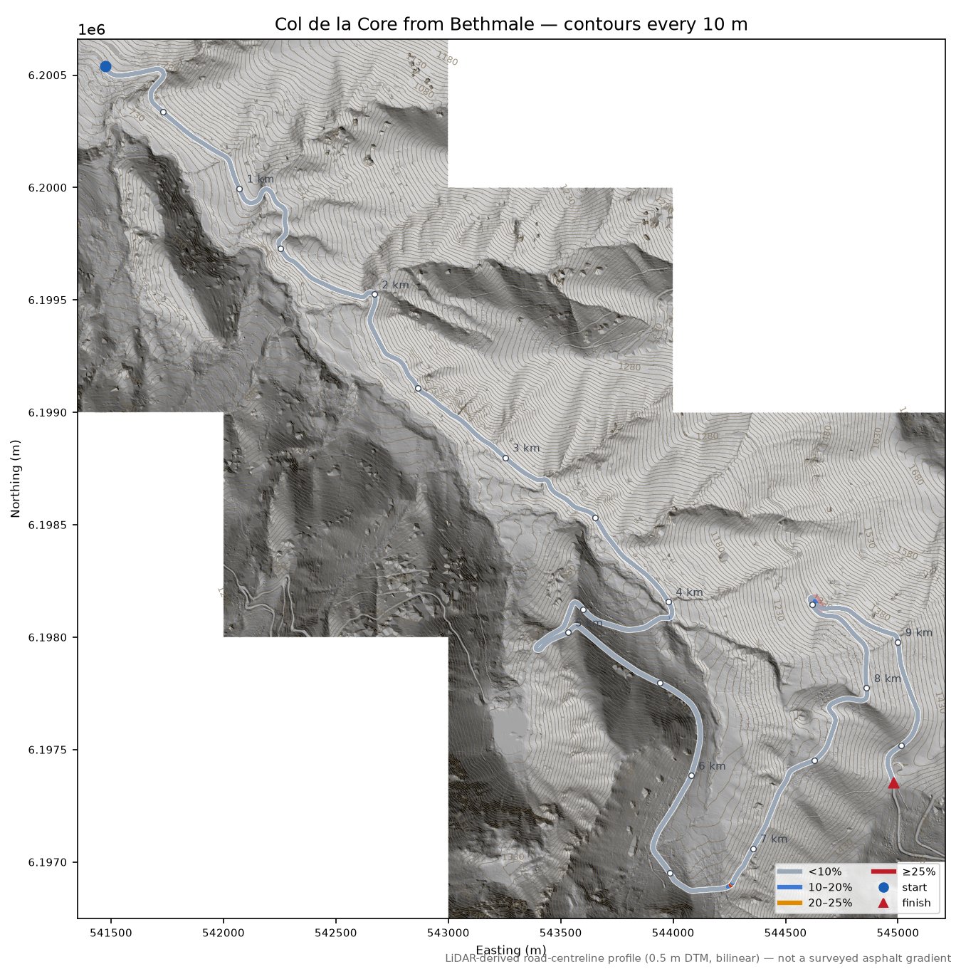 Col de la Core from Bethmale LiDAR hillshade map with contours
