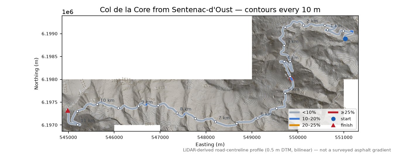Col de la Core from Sentenac-d'Oust LiDAR hillshade map with contours